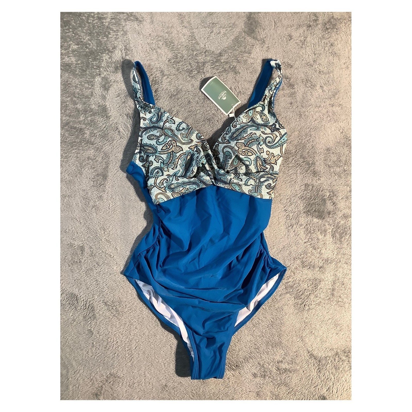 Eomenie Blue Paisley One Piece Swimsuit Tummy Control Ruched Size Medium Nwt